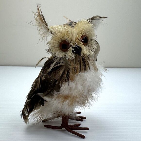 OWL Decor Beige Brown FEATHERS Free Standing HOME DECOR Bird - Picture 1 of 9